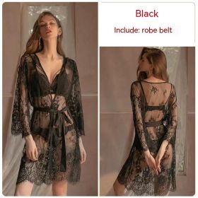 Transparent Lace Thin Pajamas Gathered Together (Option: Black robebelt-One size)