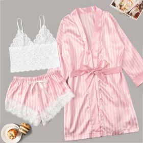 Lingerie Satin Pink Striped Coat Lace Bra Underwear Four-piece Set (Option: White Striped-M)