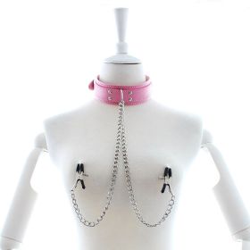 Faux Leather Choker Collar With Nipple Breast Clamp Clip Chain (Color: Pink)