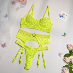 Women's Mesh Comfortable Splice Sexy Waist Cover Underwear Three Piece Set (Option: Fluorescent Yellow-M)