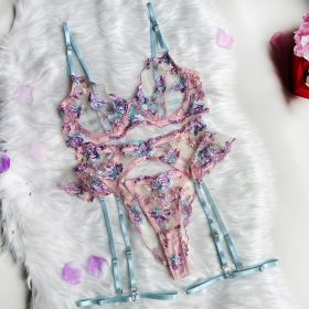 Women's Machine Embroidery Stitching Lace-up Sexy Lingerie Set (Option: Purple-M)